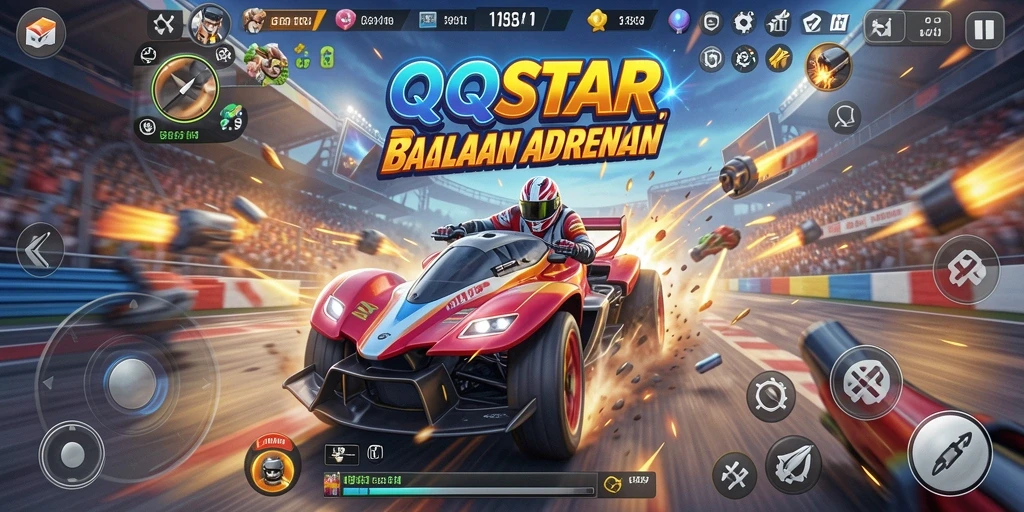 Tangkapan layar gameplay QQSTAR dengan berbagai mobil balap di lintasan.